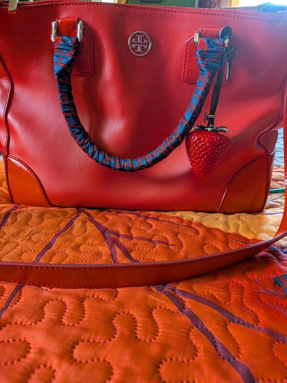 Tory Burch Red Leather Tote with Strawberry Charm and Patterned Handle Wrap